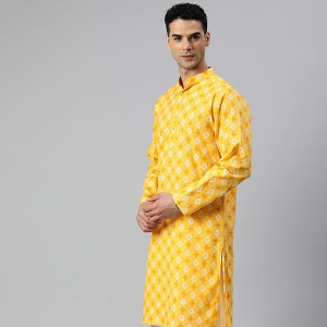Geometric Embroidered Mandarin Collar Mirror Work Cotton Silk Straight Yellow Kurta